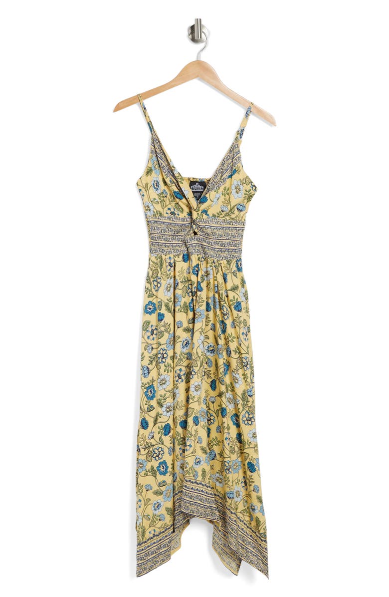 Angie Floral Print Peekaboo Handkerchief Hem Maxi Dress, Alternate, color, 