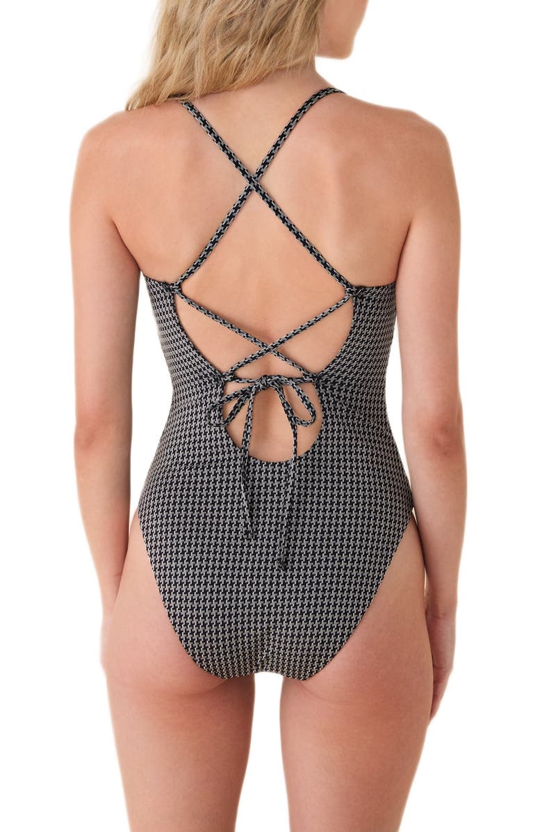 Andie The Fiji Houndstooth Lace-Up Back One-Piece Swimsuit, Alternate, color, Black Houndstooth