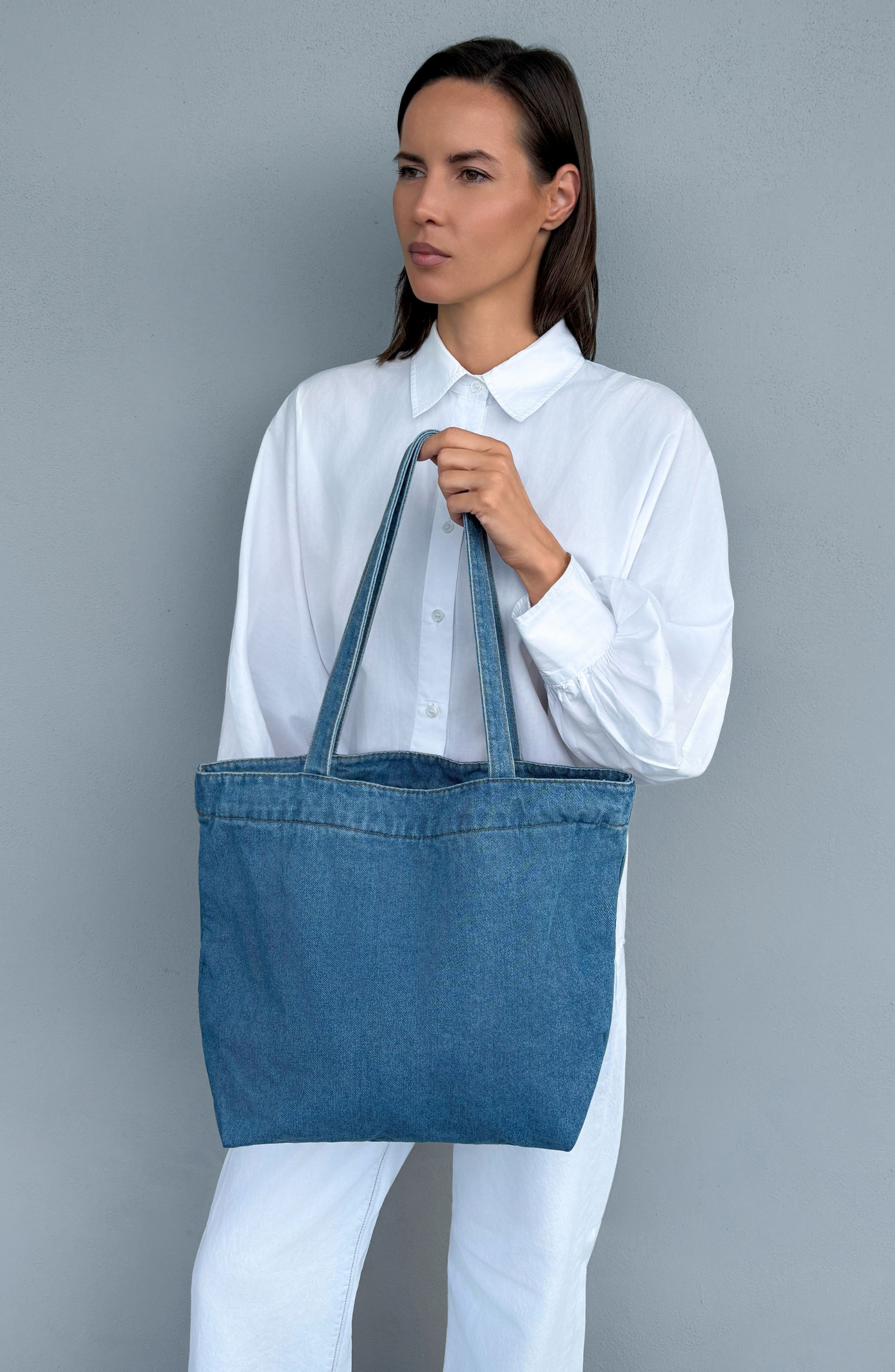 Adornia Large Denim Tote Bag, Alternate, color, Blue