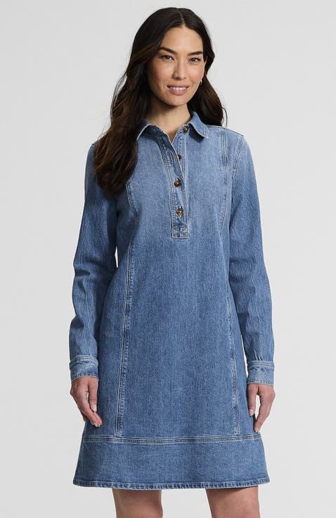 Tall Soft Denim Popover Long Sleeve Shirt Dress