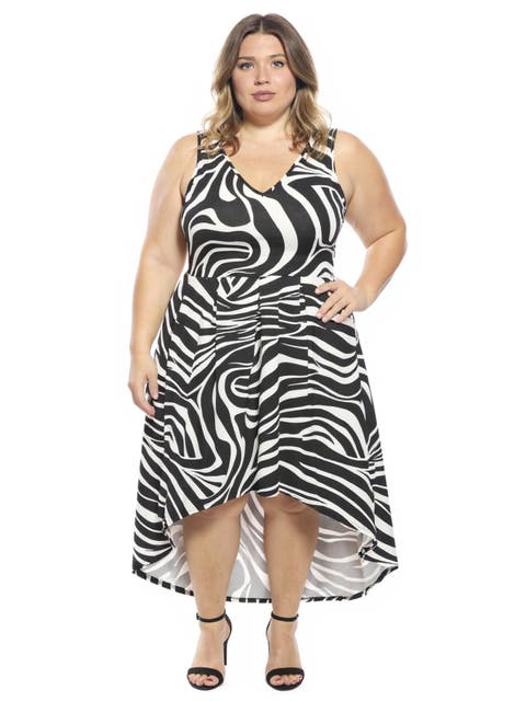 Plus Size Zebra Sleeveless Fit N Flare High Low Pocket Midi Dress