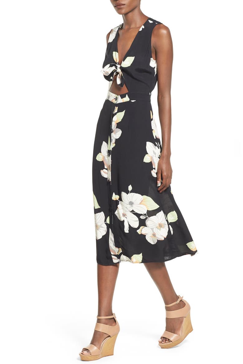 Floral Tie Front Midi Dress, Alternate, color, BLACK CHINOSRIE