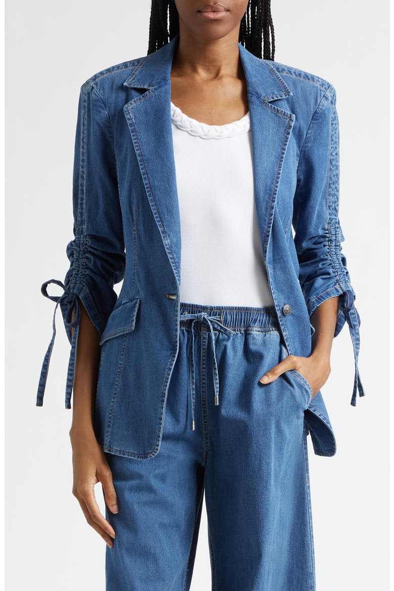 Norah Ruched Sleeve Denim Blazer, Main, color, LIGHT WASH