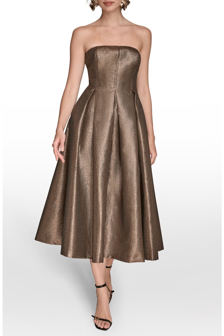 Metallic Pleated Strapless Fit & Flare Cocktail Dress, Main, color, VICUNA