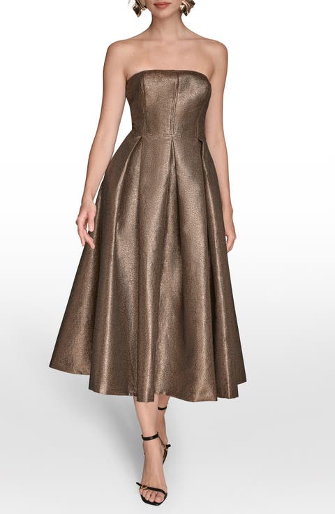 Metallic Pleated Strapless Fit & Flare Cocktail Dress