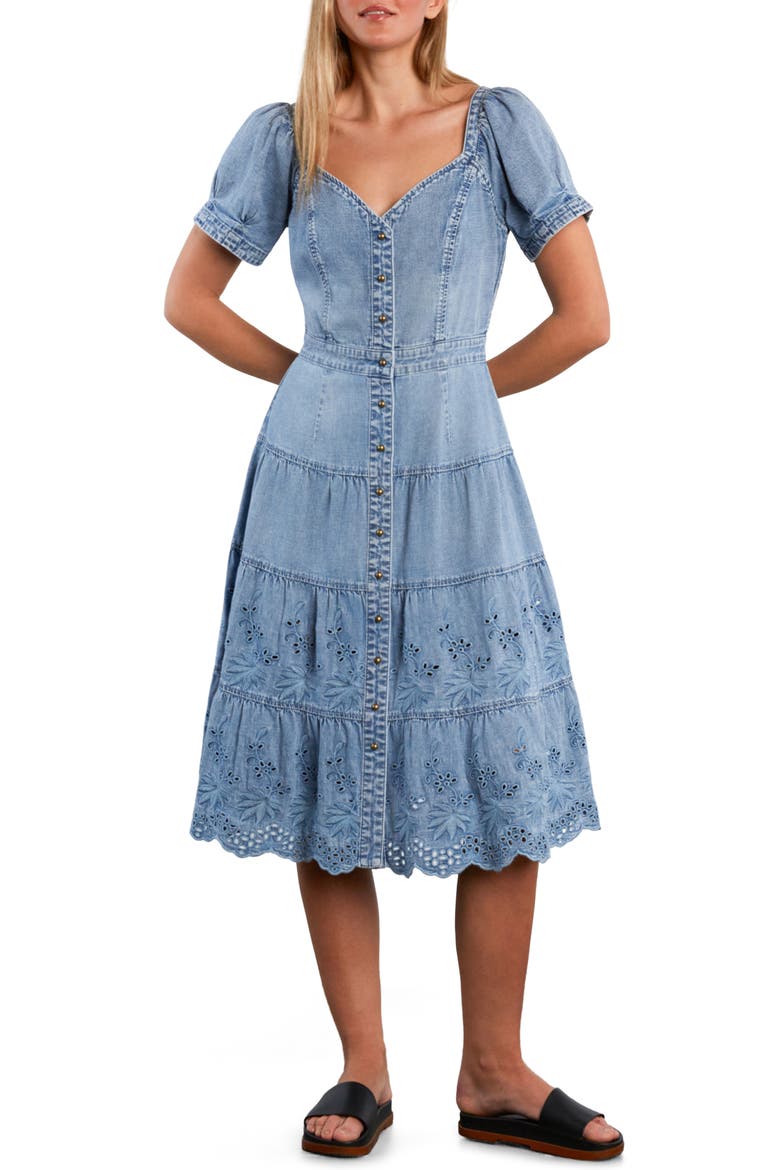 Ruby Eyelet Tiered Denim Midi Dress, Main, color, DENIM DREAM