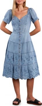 Wash Lab Denim Ruby Eyelet Tiered Denim Midi Dress