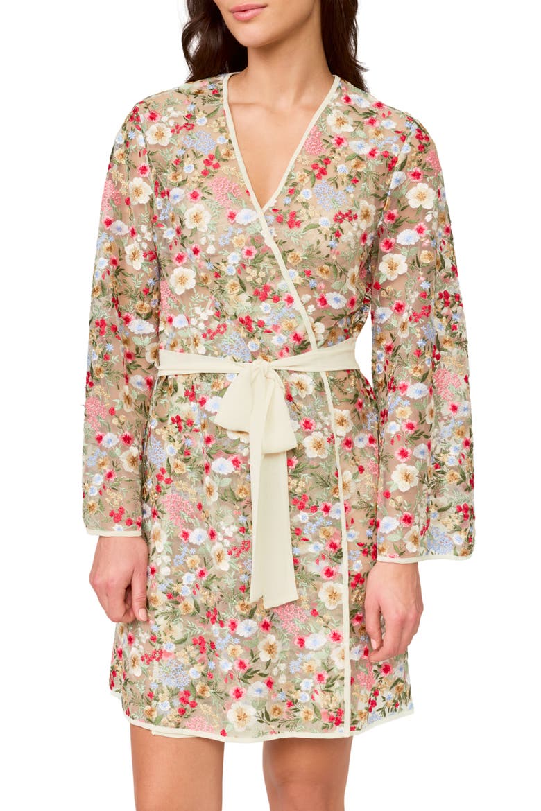 Floral Embroidered Tie Waist Robe, Main, color, TROPICAL