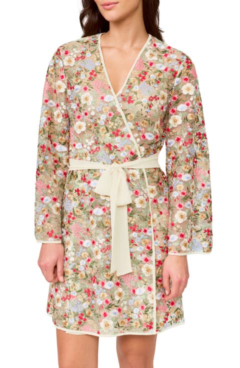 Floral Embroidered Tie Waist Robe