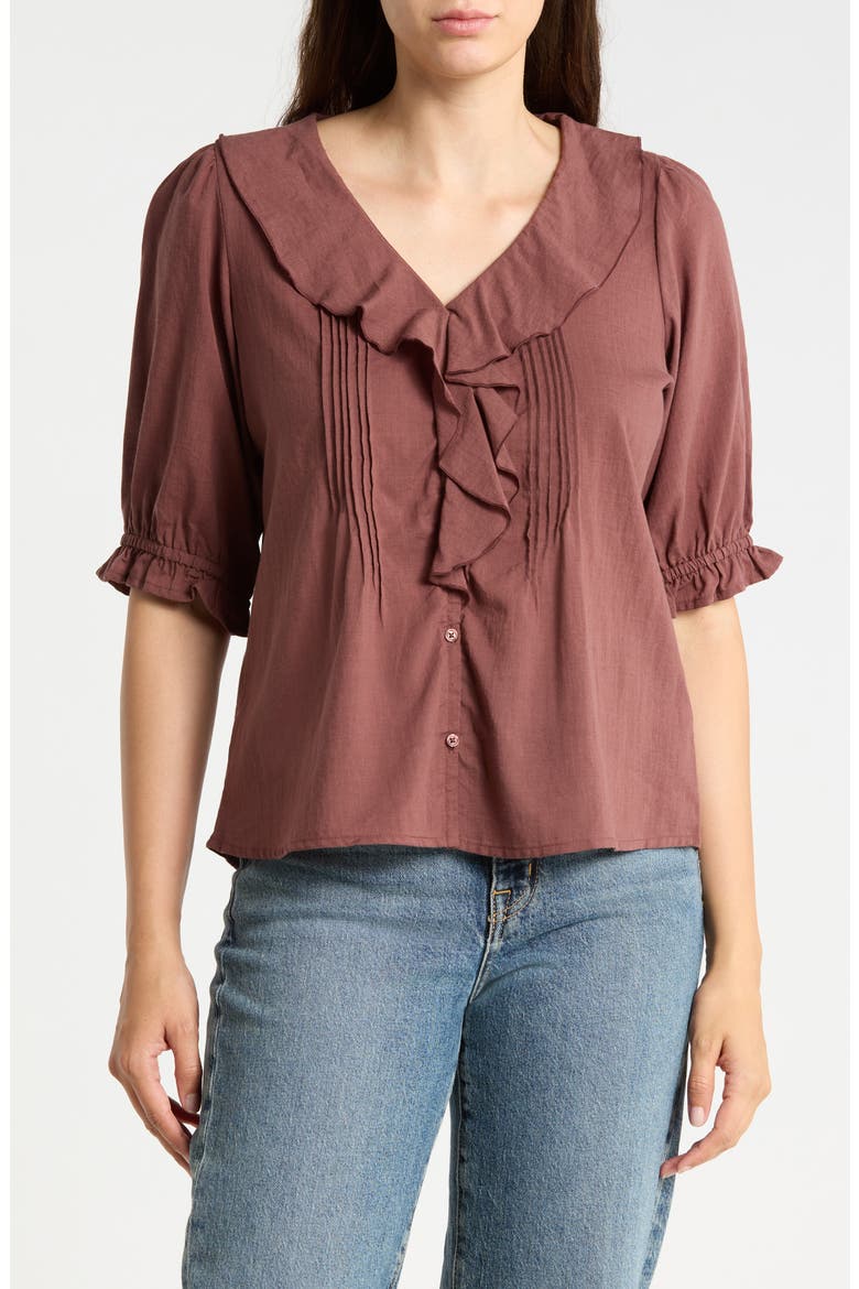 Romantic Ruffle Button-Up Shirt, Main, color, REDBEAN COOKIE
