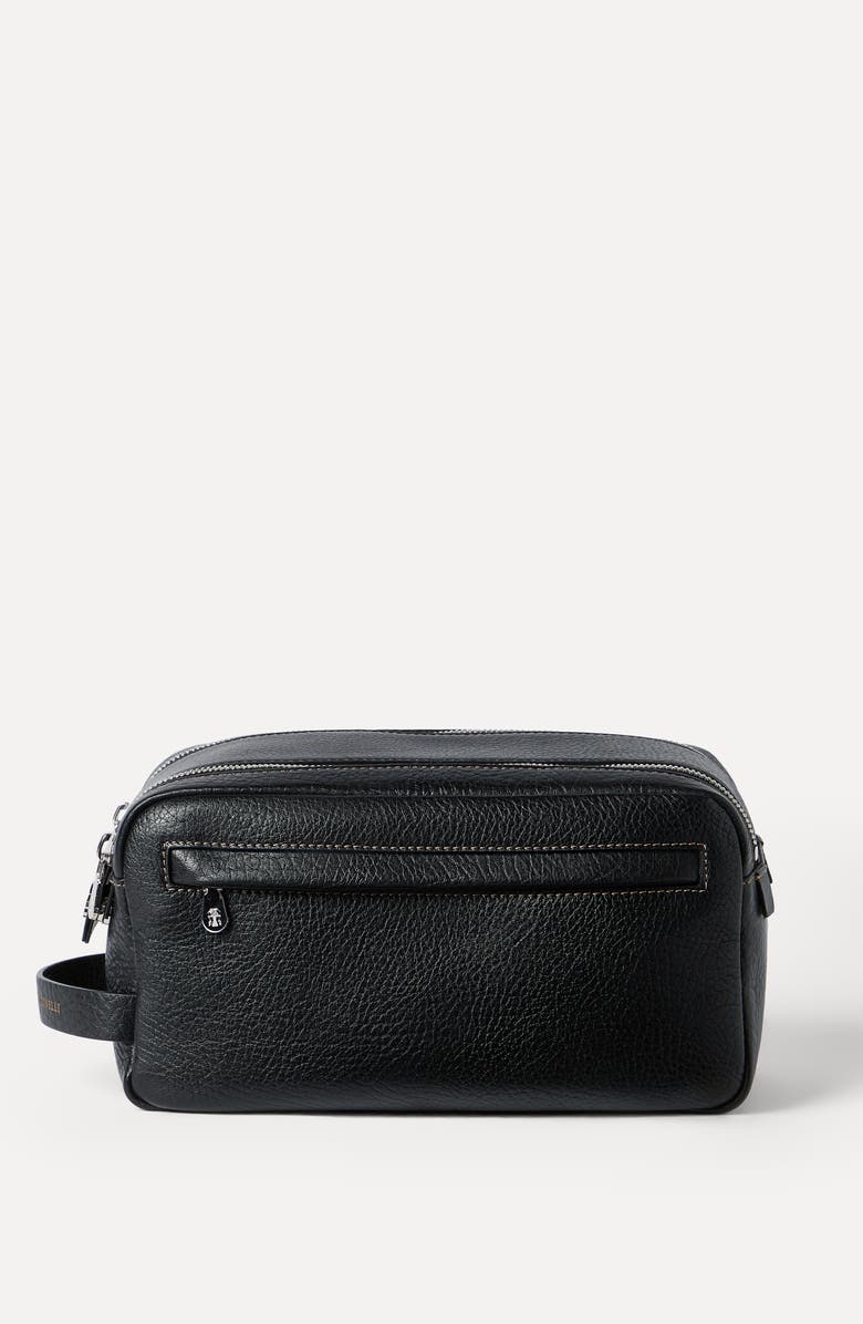 Brunello Cucinelli Grained calfskin beauty case with zipper, Alternate, color, Black