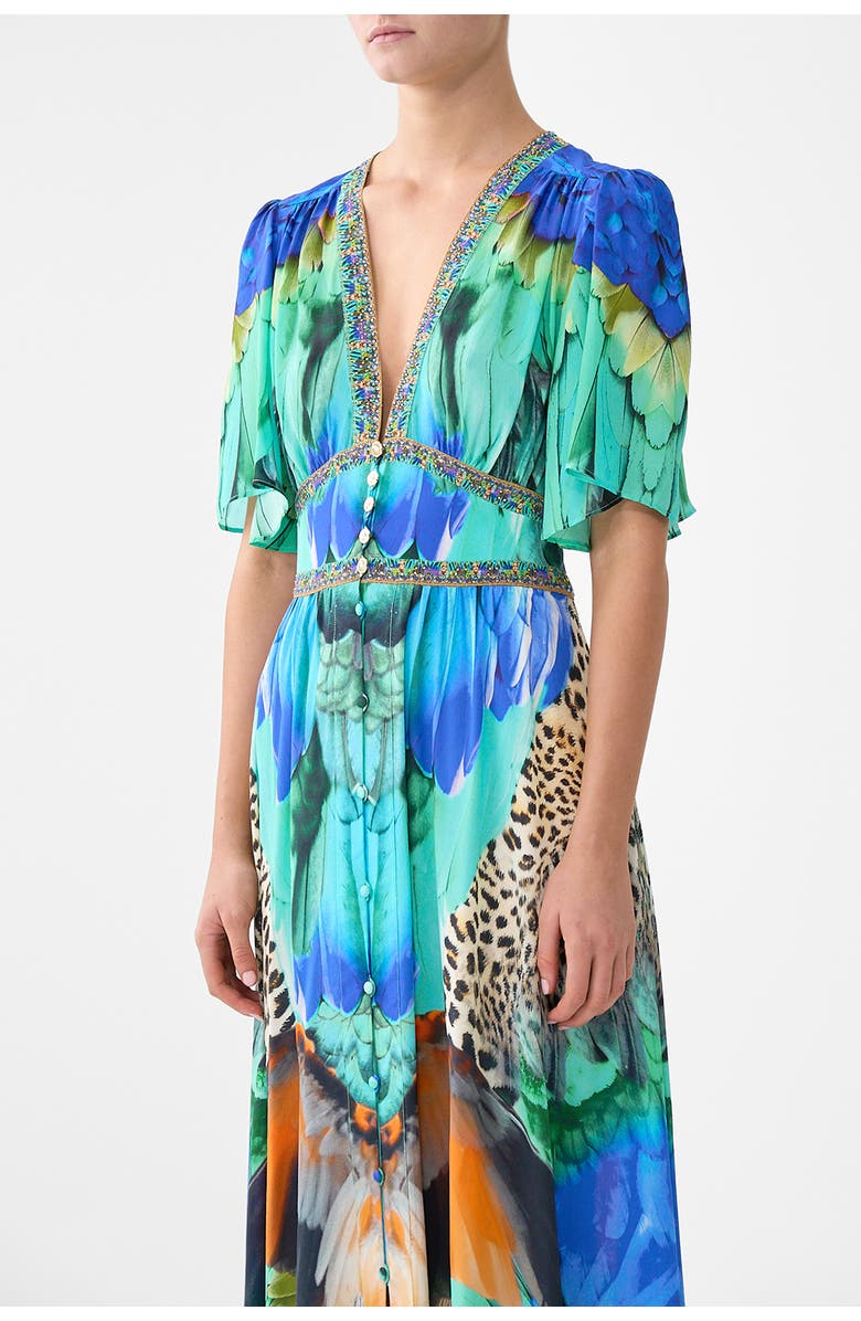 Camilla Shaped Waistband Dress With Flutter Sleeves, Alternate, color, Jungle Flight