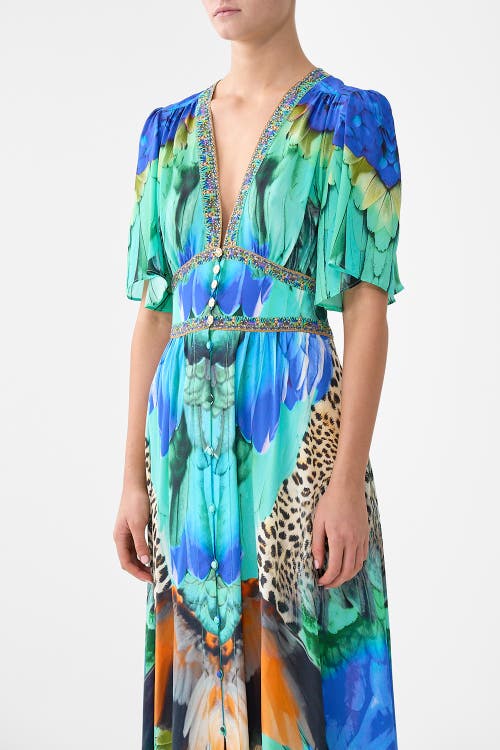 Camilla Shaped Waistband Dress With Flutter Sleeves In Multi