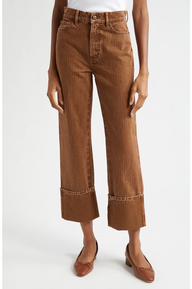 Dylan Cuffed Herringbone High Waist Relaxed Straight Leg Pants, Main, color, DEEP OCHRE