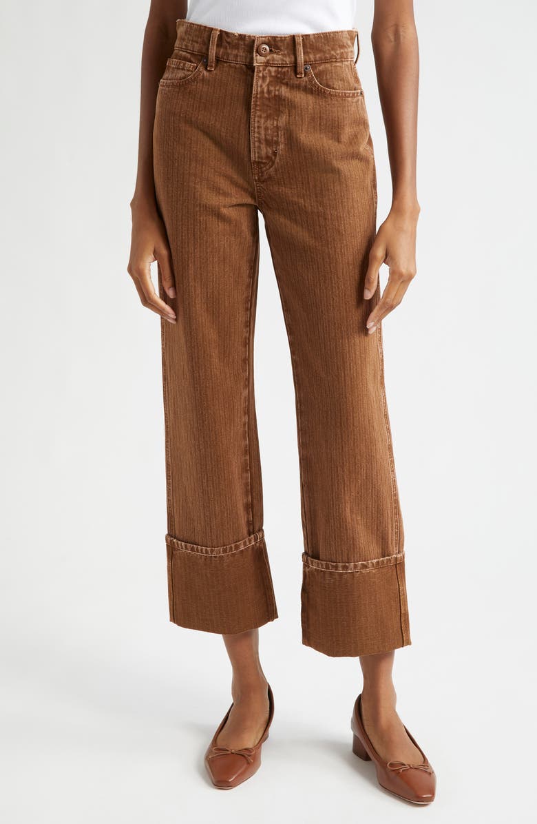 Veronica Beard Dylan Cuffed Herringbone High Waist Relaxed Straight Leg Pants, Main, color, Deep Ochre