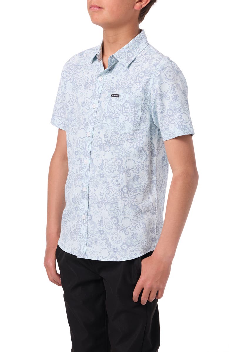 O'Neill Kids' Oasis Palm Tree Print Short Sleeve Button-Up Shirt, Alternate, color, Pastel Turquoise