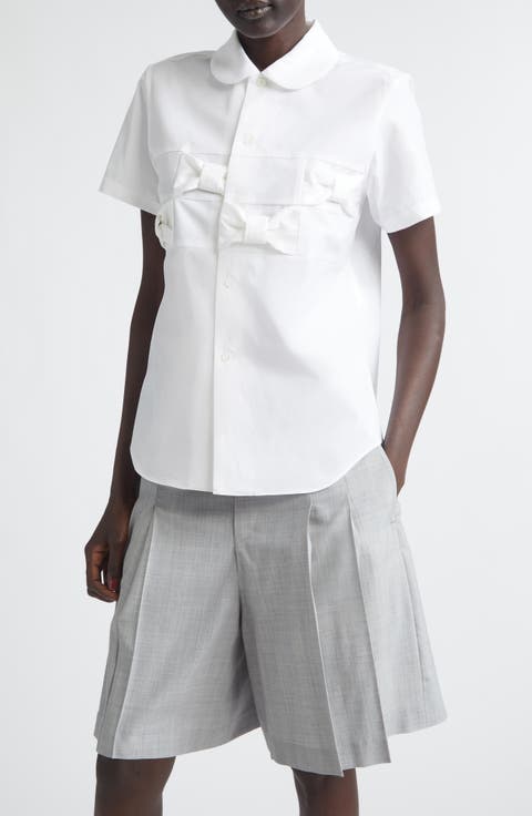 Bow Detail Cotton Broadcloth Button-Up Shirt
