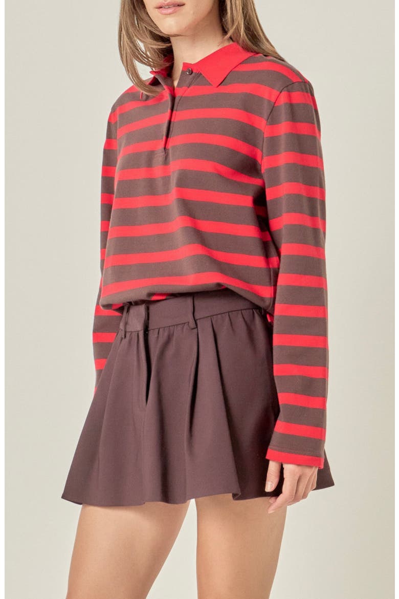 Striped Long Sleeve Polo Knit Top, Alternate, color, BROWN/ RED