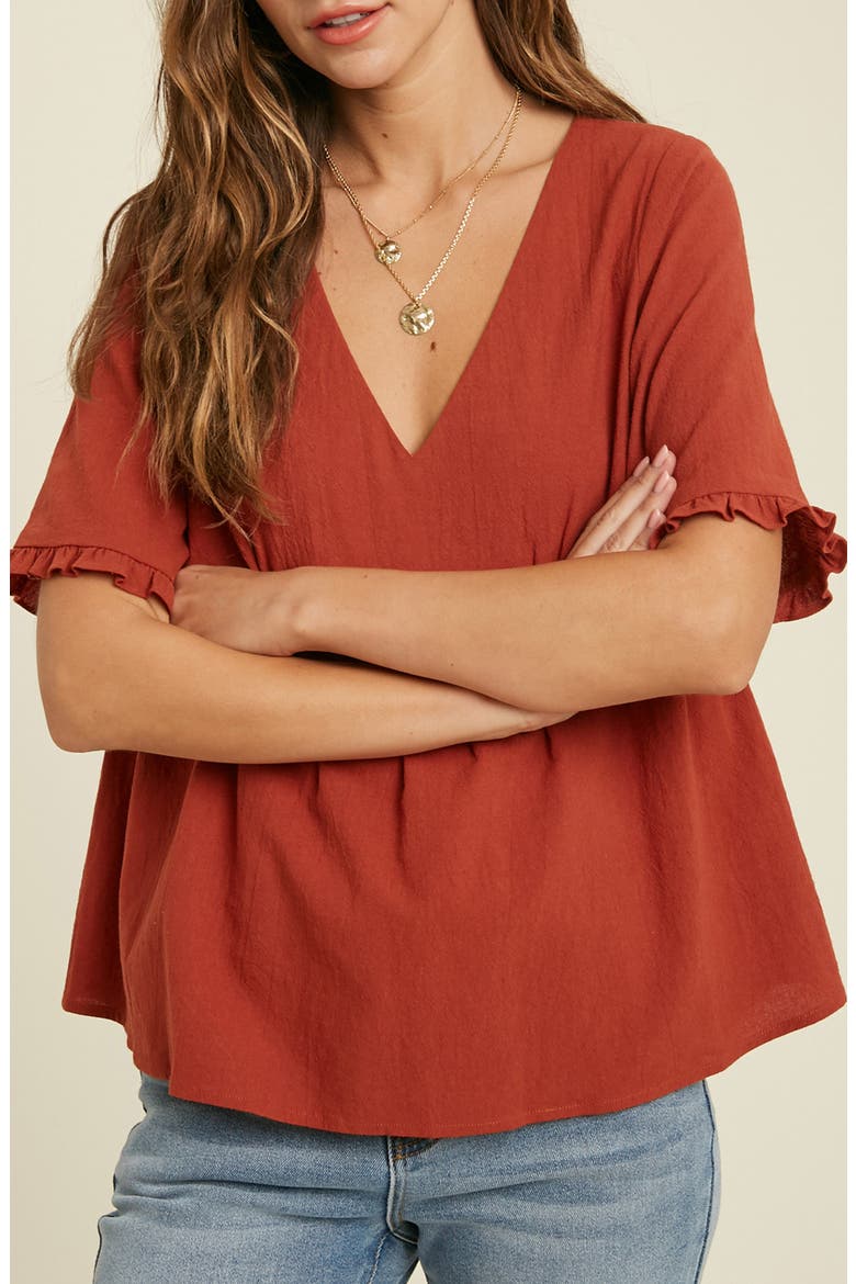 V-Neck Elbow-Length Sleeve Babydoll Top, Main, color, RUST