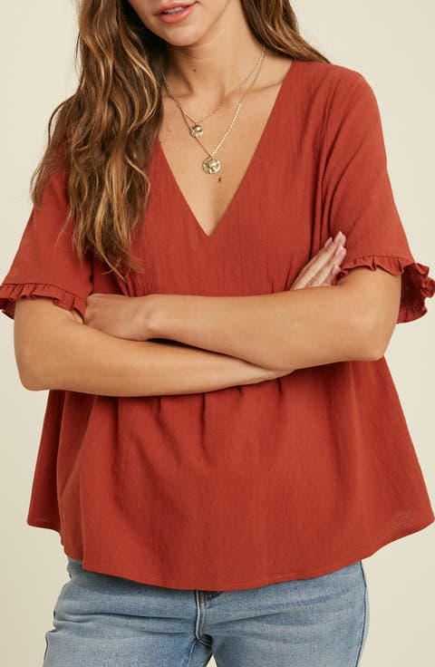 V-Neck Elbow-Length Sleeve Babydoll Top