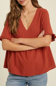 WISHLIST V-Neck Elbow-Length Sleeve Babydoll Top