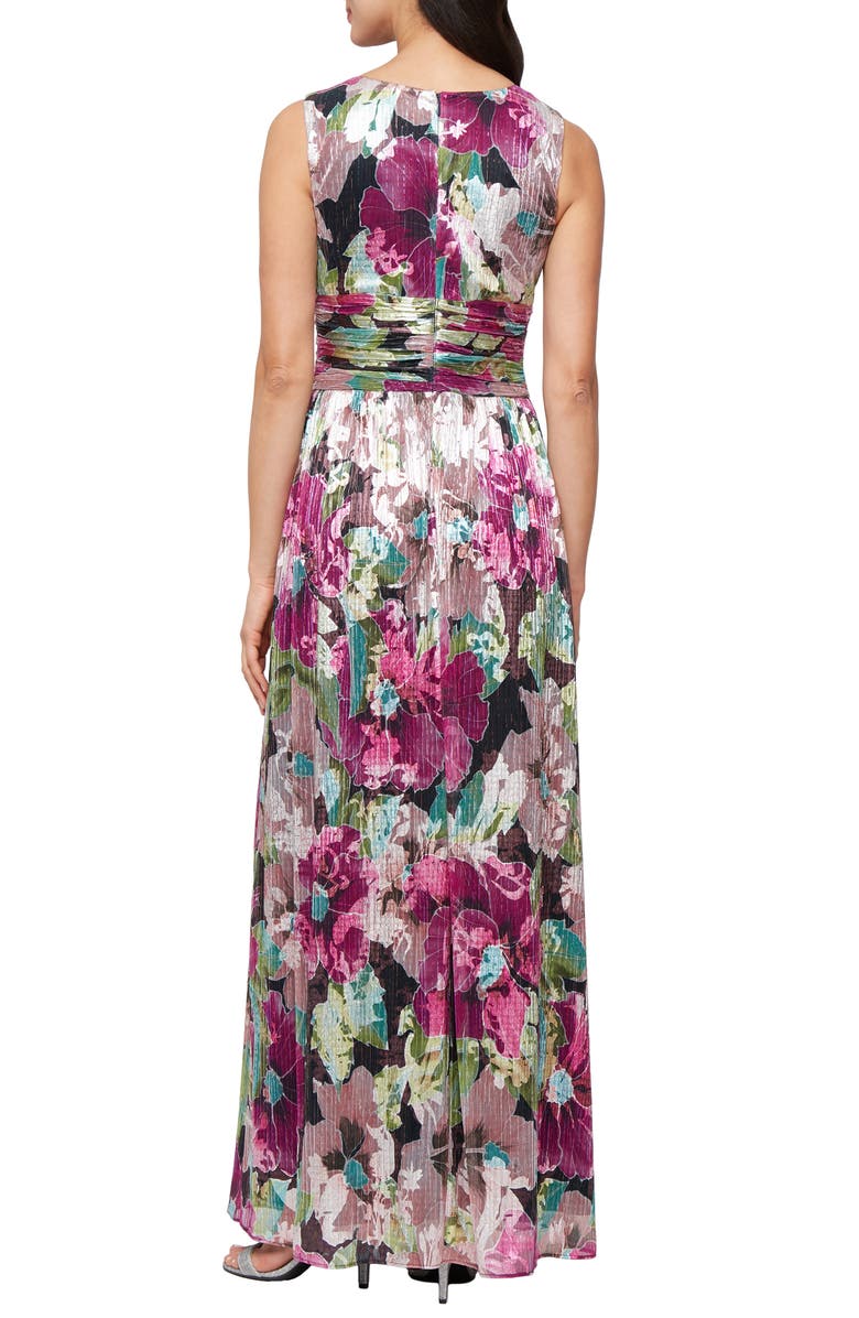 SL FASHIONS Metallic Floral Surplice Neck Gown, Alternate, color, Pink Multi