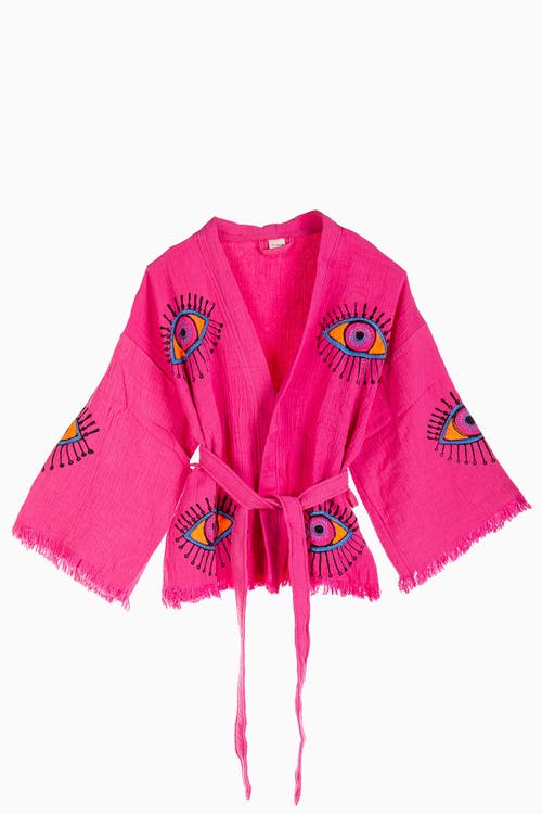 Forever & Always Shoes Sereia Evil Eye Handmade Cotton Short Kimono In Fuchsia