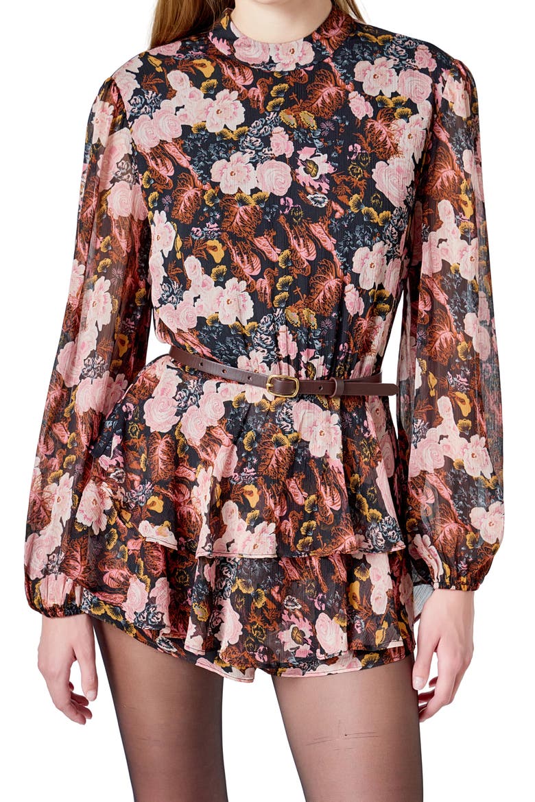 Print Belted Chiffon Romper, Alternate, color, BLACK MULTI