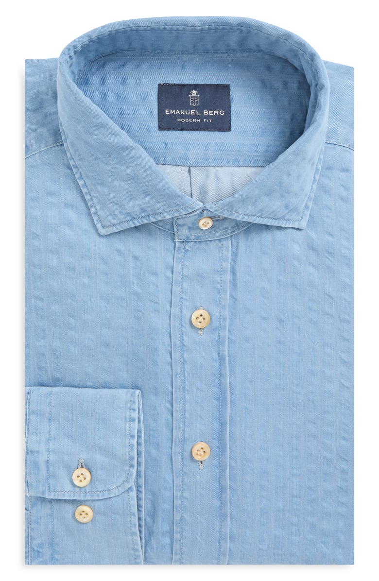 Emanuel Berg Crinkle Stripe Cotton Denim Button-Up Shirt, Main, color, Medium Blue