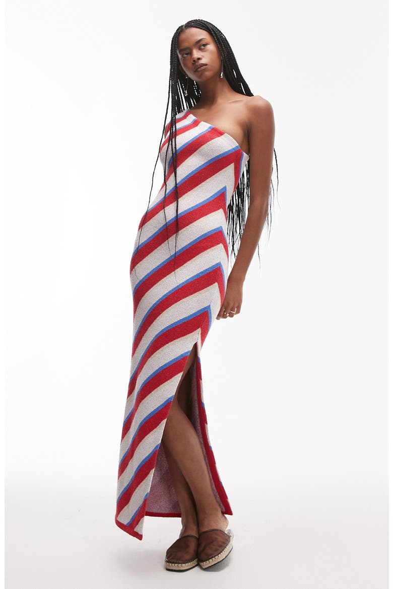 Stripe Knit One-Shoulder Maxi Dress, Main, color, RED MULTI