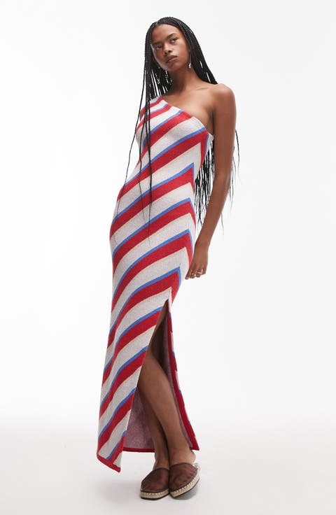 Stripe Knit One-Shoulder Maxi Dress