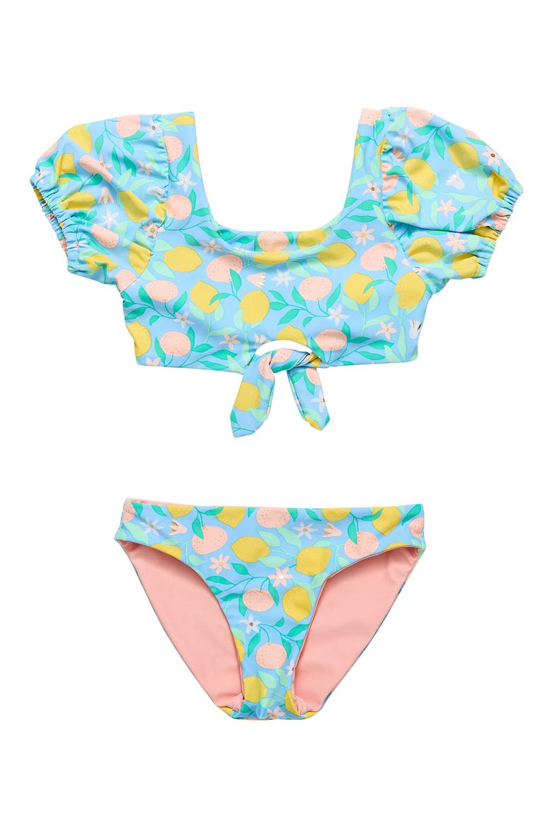 Kids' Lemon Drops Puff Sleeve Knot Front Two-Piece Swimsuit, Main, color, BLUE MULTI