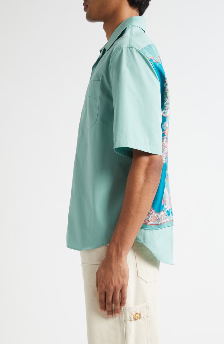 Versace Coral Theater Cotton Poplin & Silk Camp Shirt, Alternate, color, Sea Green Dark Sea Green