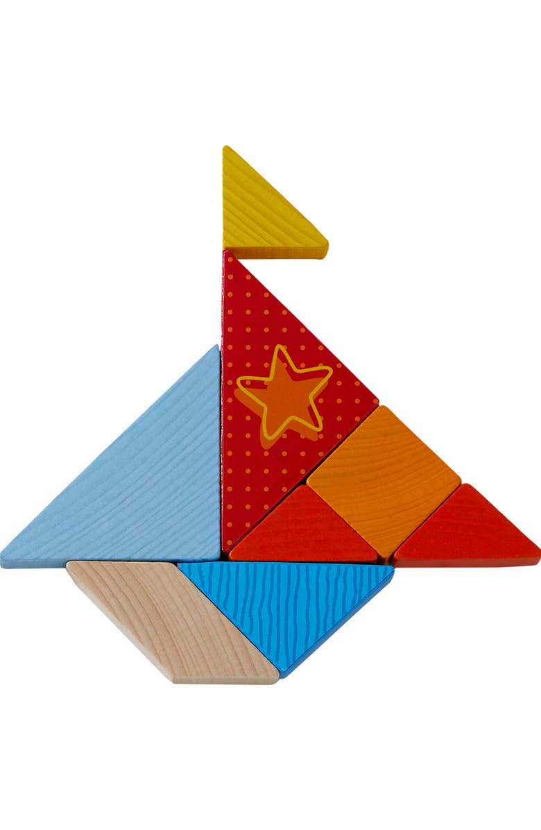 HABA Funny Faces Tangram Wooden Pattern Blocks with 20 Template Cards, Alternate, color, Multi