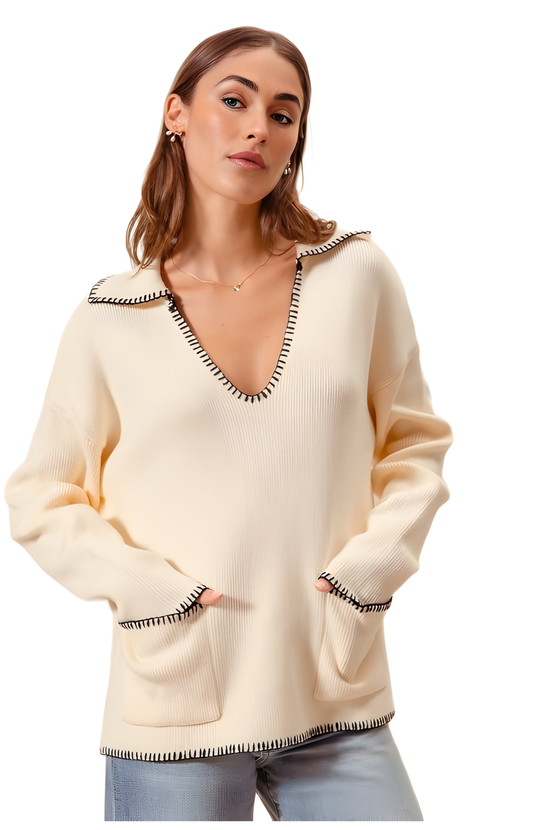 Knit and Lounge Ribbed Long Sleeve V-Neck Pullover With Contrast Trim, Main, color, Off-White / Black