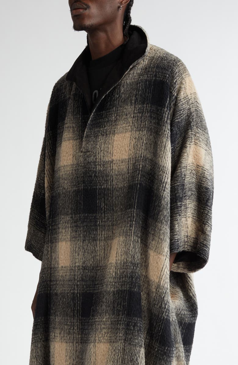 Fear of God Plaid Leather Collar Poncho Pullover, Alternate, color, Black/ Cream