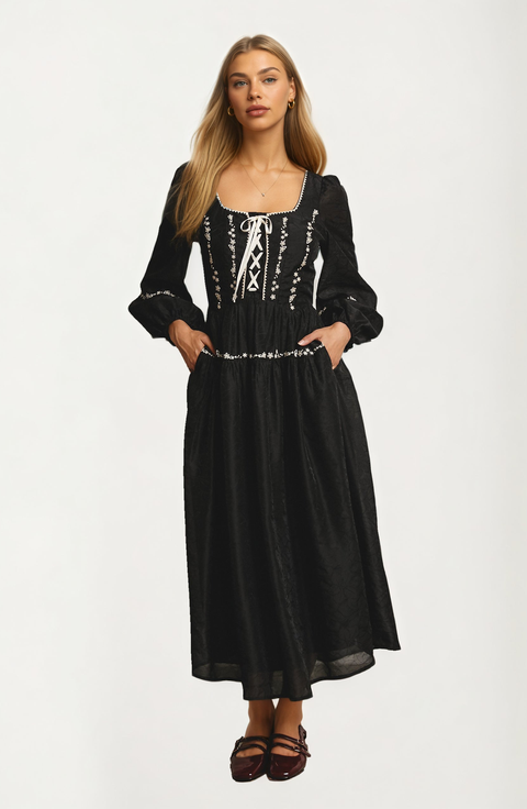 Long Sleeve Lace-Up Embroidered Maxi Dress
