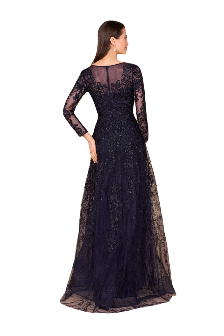 Long Bell Sleeve V-Neck Beaded Gown, Alternate, color, Navy