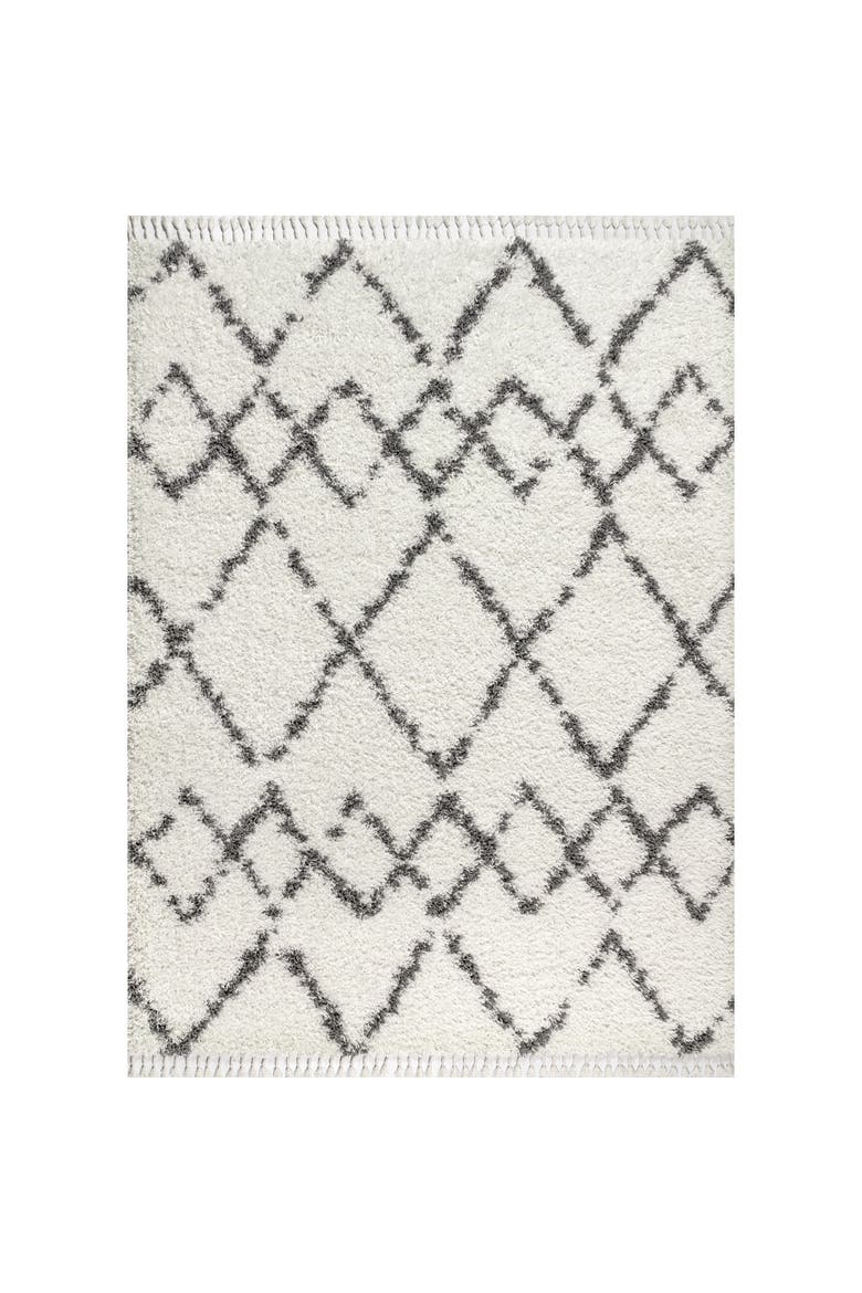 Mercer Shag Plush Tassel Moroccan  Geometric Trellis Area Rug, Main, color, Ivory/Gray