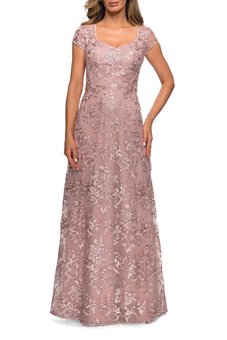 Cap Sleeve Floral Gown with Sweetheart Neckline, Main, color, MAUVE
