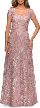 La Femme Cap Sleeve Floral Gown with Sweetheart Neckline
