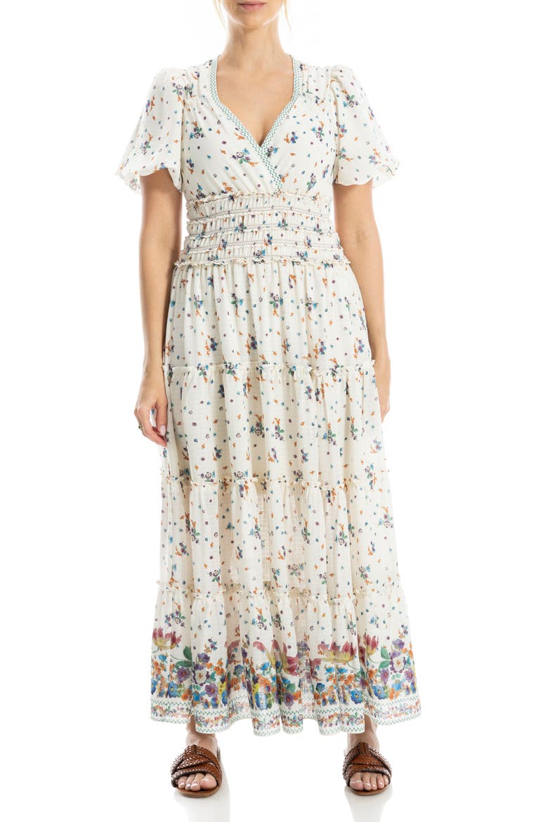 Short Sleeve V-Neck Maxi Dress, Main, color, CREAM/ PURPLE BLUSH