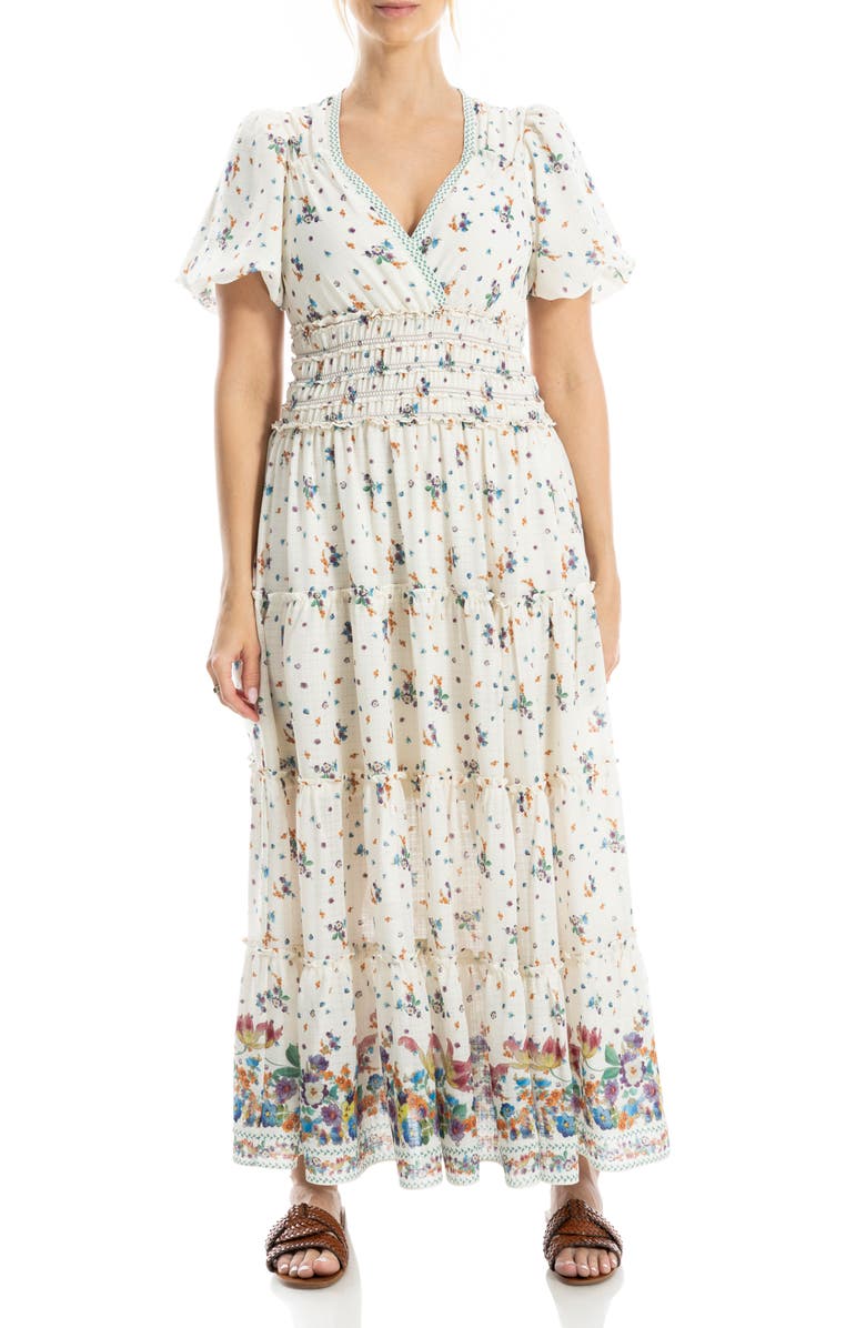 MAX STUDIO Short Sleeve V-Neck Maxi Dress, Main, color, Cream/ Purple Blush
