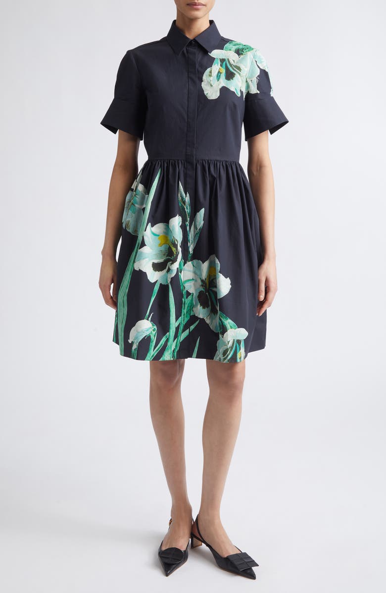 Erdem Floral Print Cotton Shirtdress, Main, color, Mirrored Orchid Navy