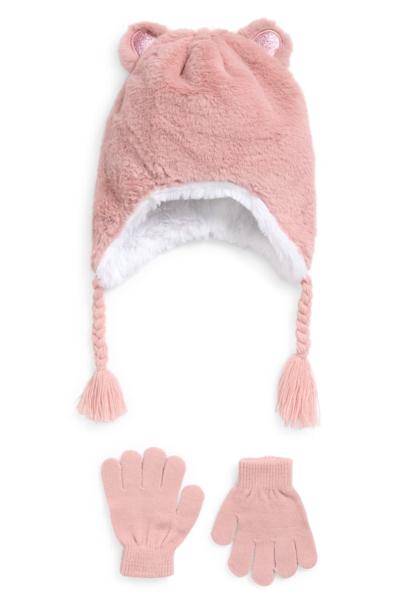 Capelli New York Kids' 3D Bear Earflap Hat & Gloves Set, Main, color, Pink