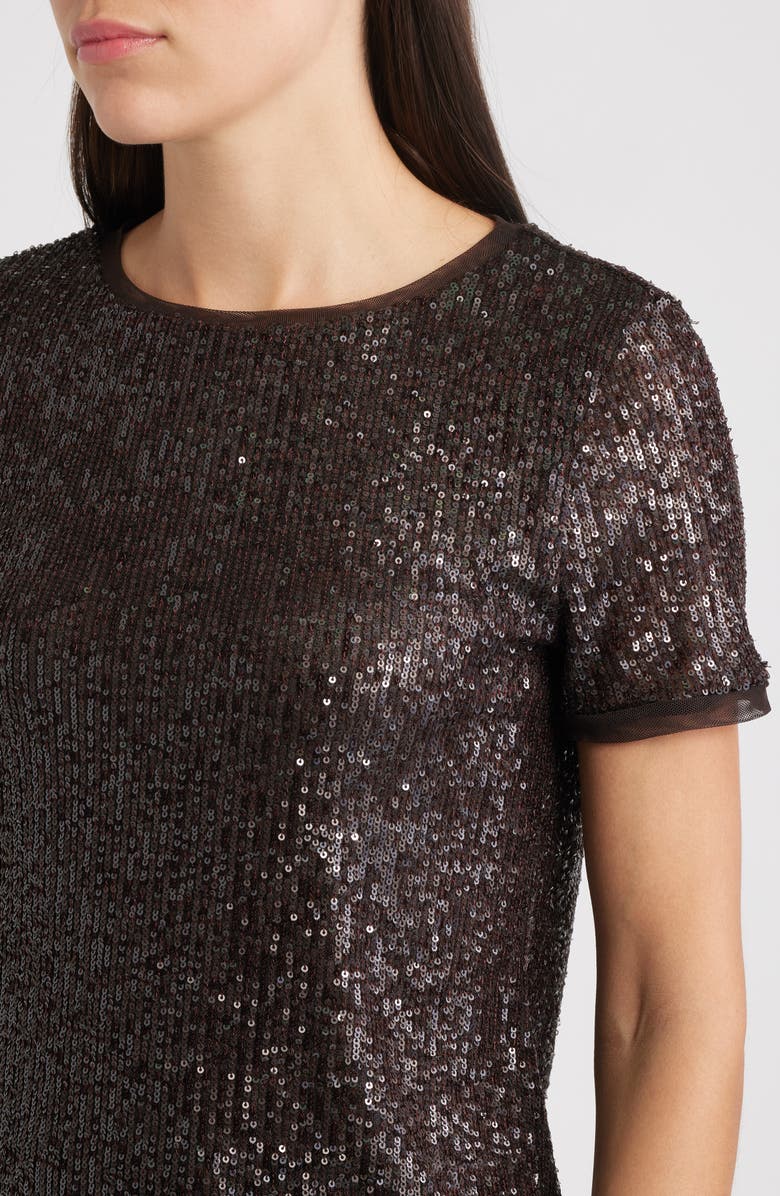Anne Klein Short Sleeve Sequin Mesh Top, Alternate, color, Deep Mahogany