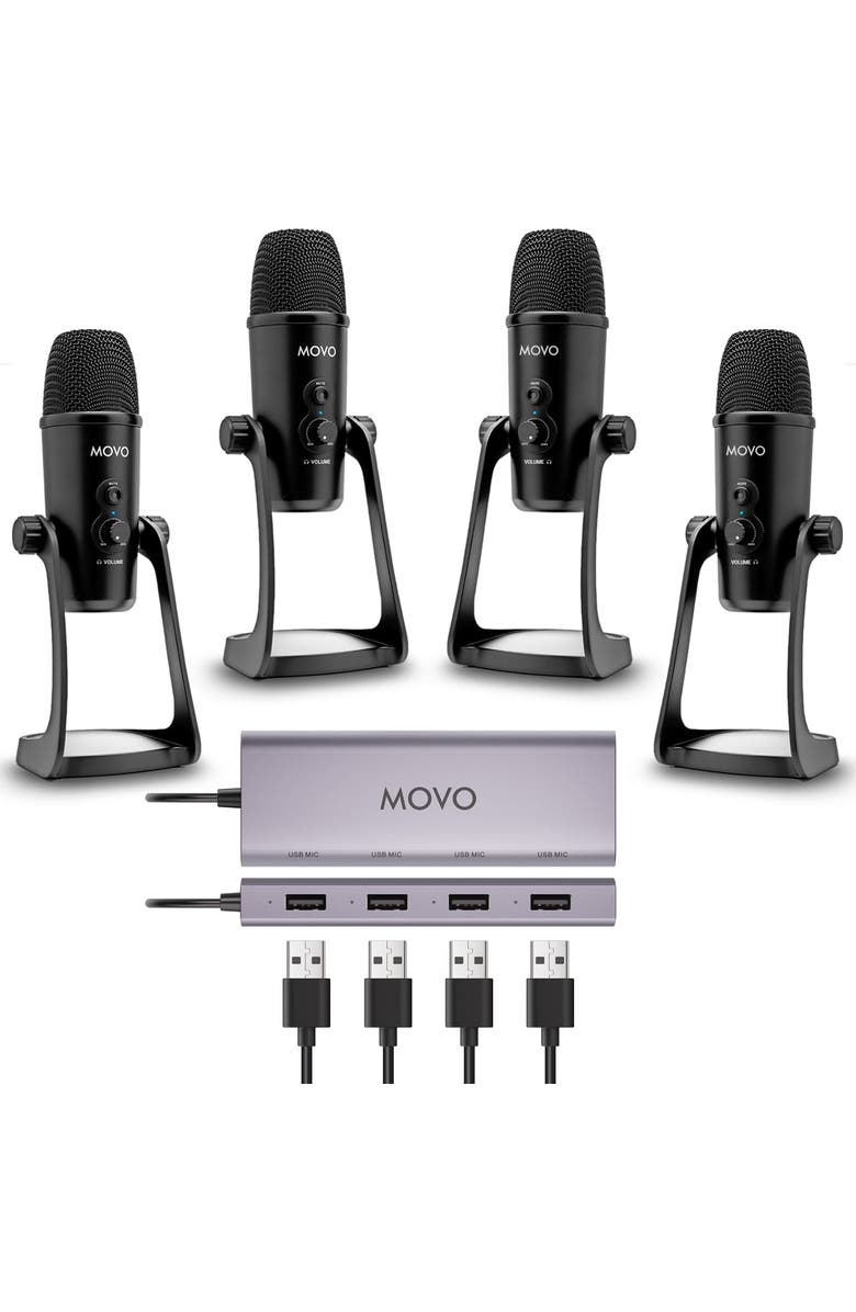 MOVO USB Podcast Equipment Bundle for 4 with USB Interface with 4 Condenser Microphones, Main, color, Black