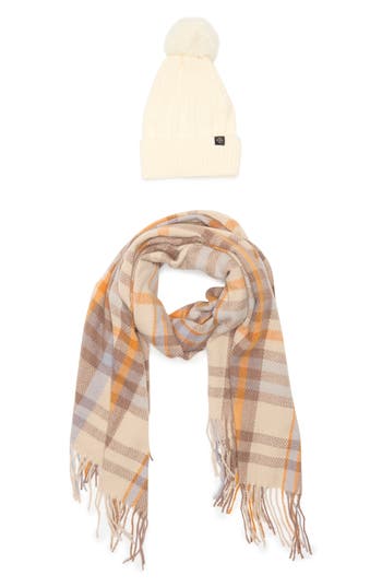 Nanette Lepore Faux Fur Pompom Beanie & Scarf Set In Gray
