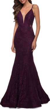 La Femme Long Mermaid Lace Dress with Back Rhinestone Detail