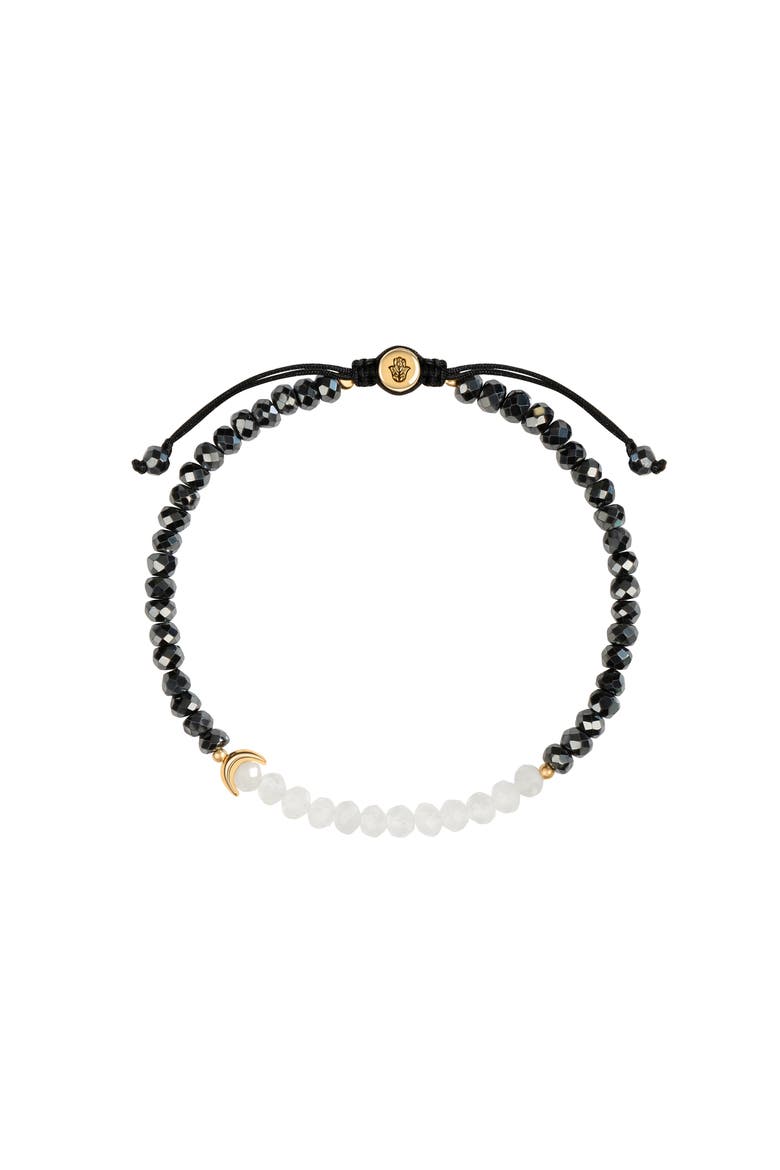Women's Moonstone Hematite Moon Charm Beaded Bracelet Visualize Light, Main, color, Dark grey/white/gold